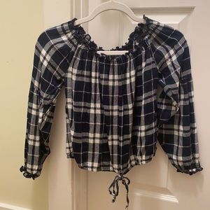 Navy Blue and White plaid off the shoulder top: Hollister
